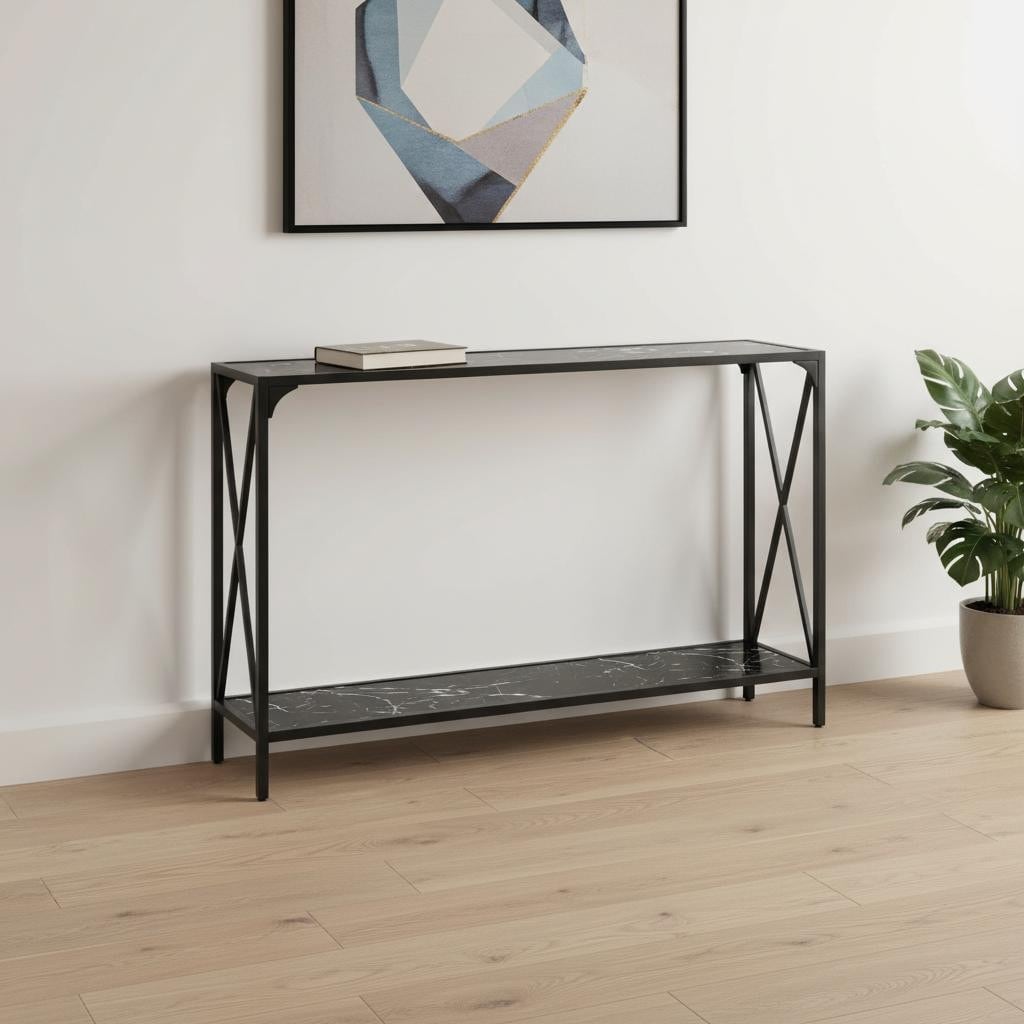 Homeroots 48 Black Wood And Metal Faux Marble Console Table With Shelf 48.00 In. X 32.00 In. X 12.00 In.