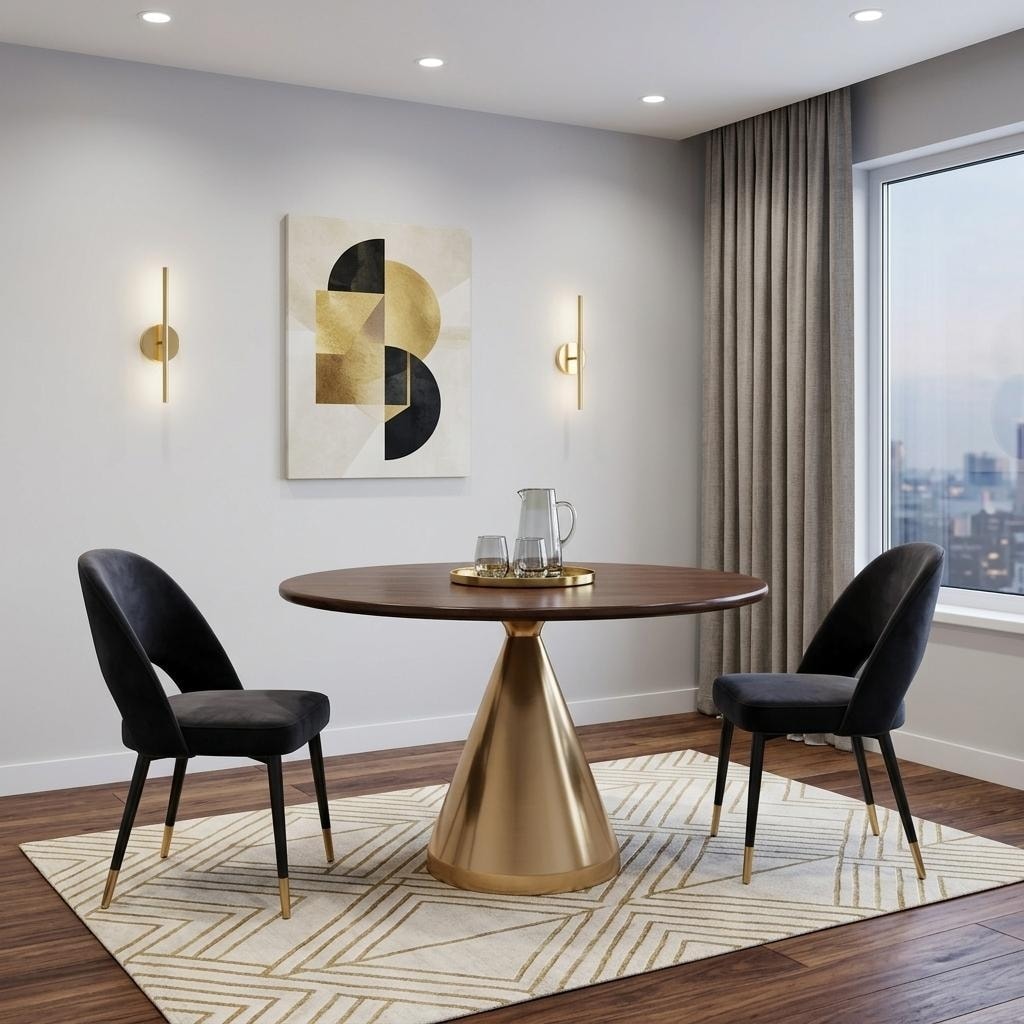 Homeroots 48 Brown And Gold Rounded Solid Wood And Iron Pedestal Base Dining Table 48.00 In. X 29.00 In. X 48.00 In.