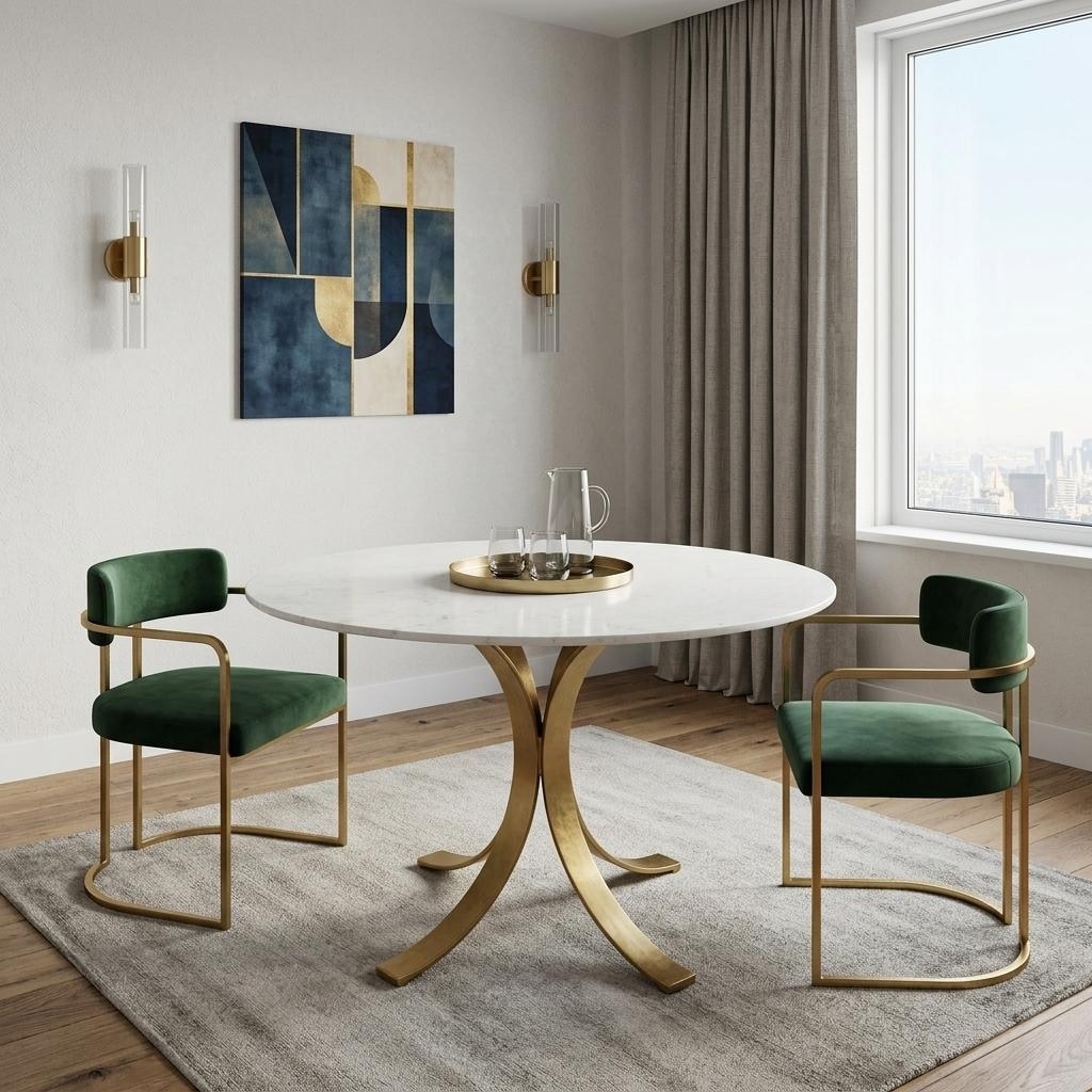 Homeroots 48 Ivory And Brass Rounded Marble And Iron Pedestal Base Dining Table 48.00 In. X 30.00 In. X 48.00 In.