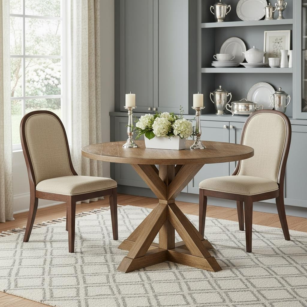 Homeroots 48 Oak Wood Cross Leg Base Round Top Dining Table 48.00 In. X 30.00 In. X 48.00 In.