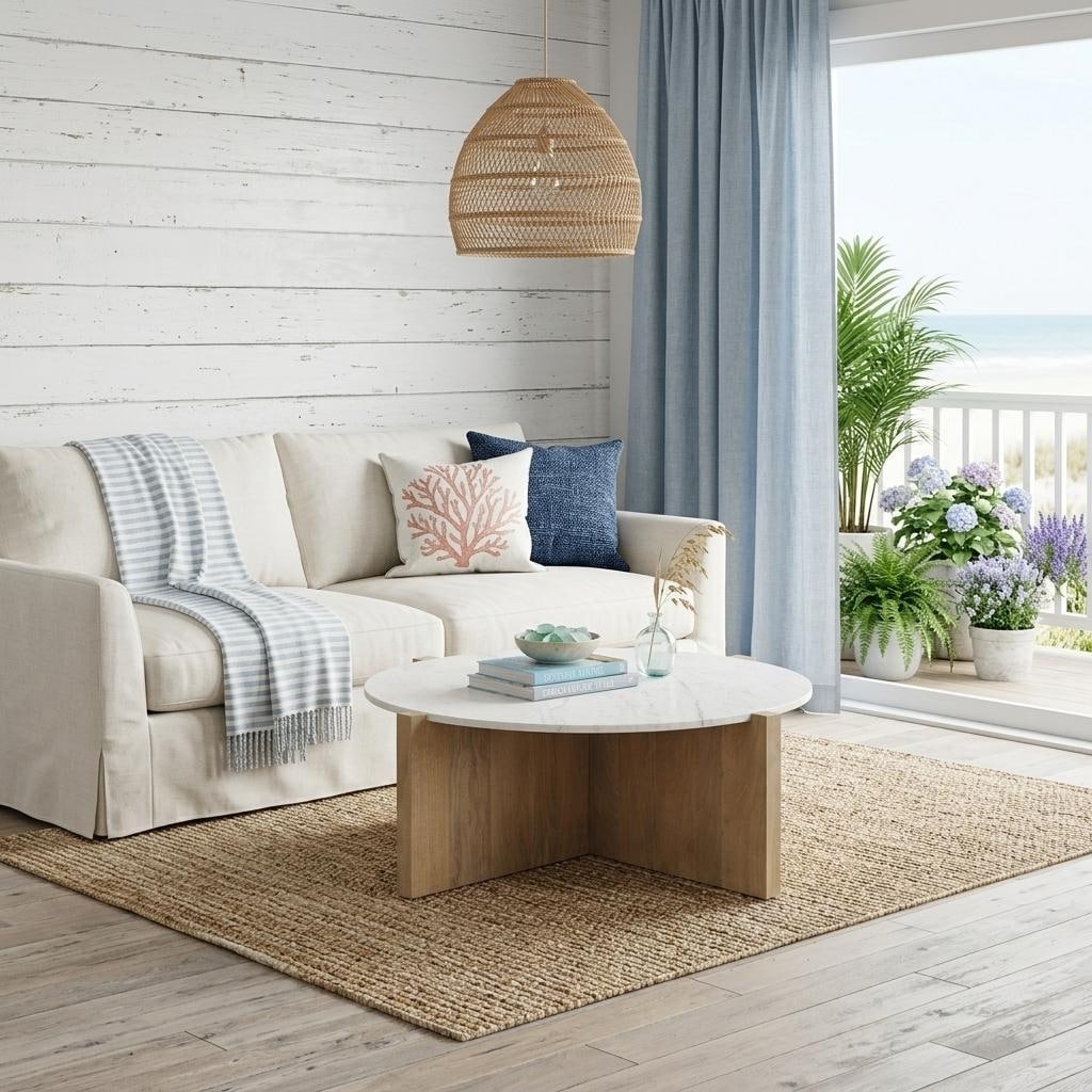 Homeroots 48 White And Brown Marble And Solid Wood Round Coffee Table 48.00 In. X 16.00 In. X 48.00 In.