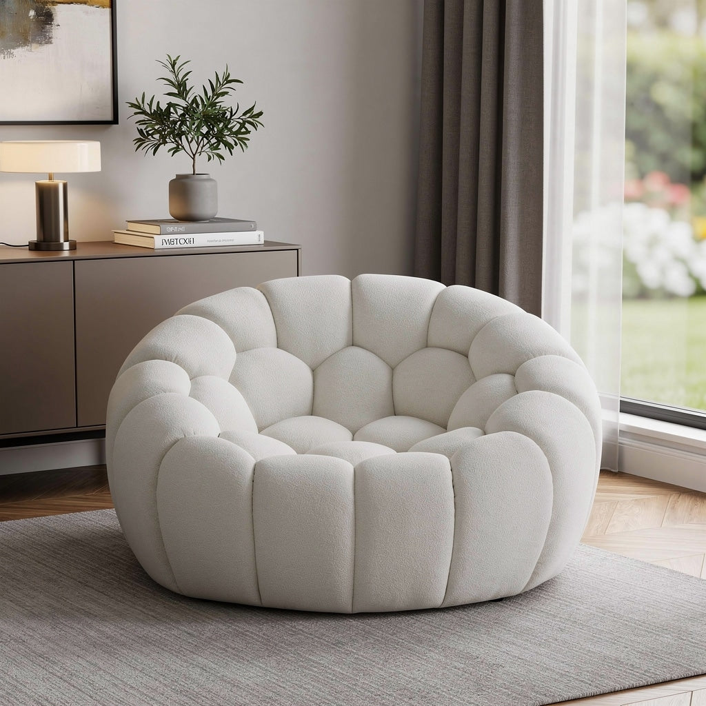 Homeroots 49 White Tufted Boucle Curved Lounge Chair 49.00 In. X 28.00 In. X 46.00 In.