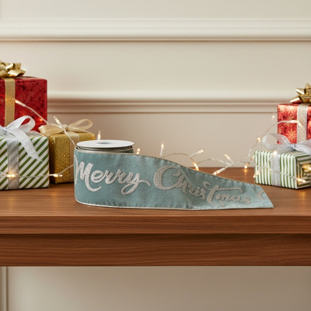 Homeroots 4 Green And Gold Glittered Merry Christmas Wired Ribbon