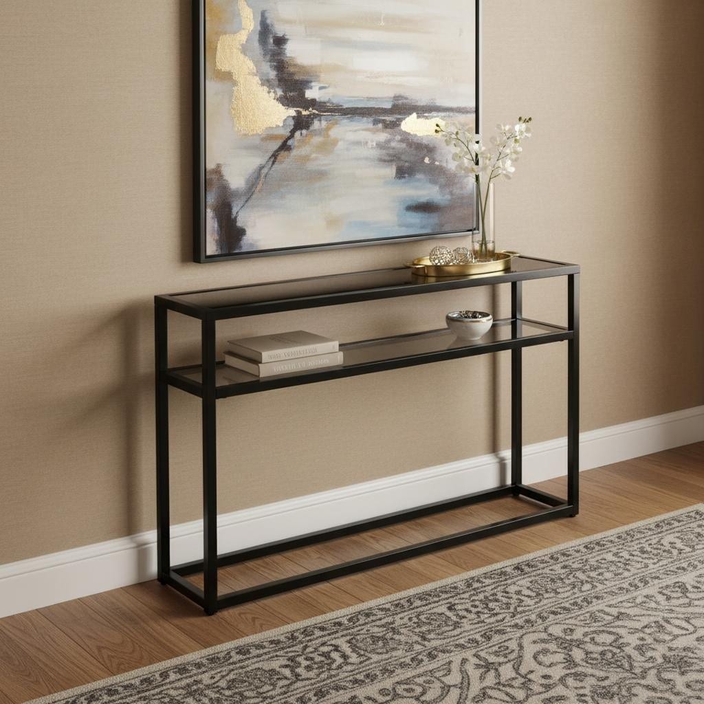 Homeroots 50 Black Glass Frame Console Table With Shelves 50.25 In. X 30.25 In. X 10.00 In.