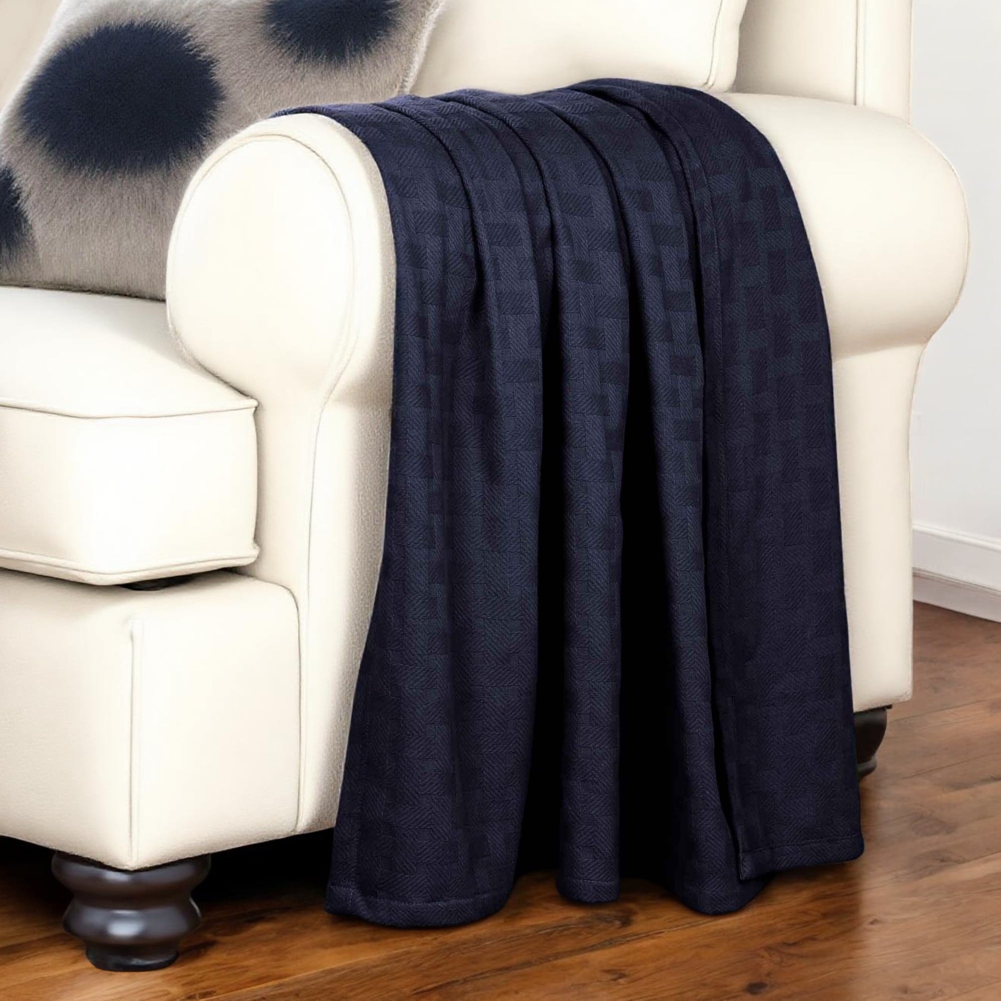 Homeroots 50 X 60 Blue Cotton Geometric Basketweave Throw Blanket