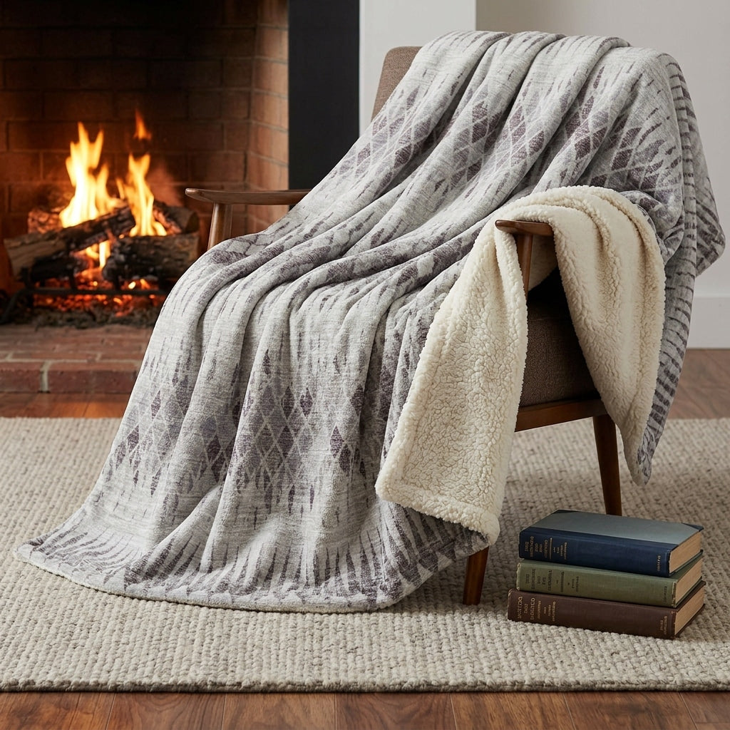 Homeroots 50 X 70 Beige And Gray Geometric Polyester Woven Plush Throw Blanket