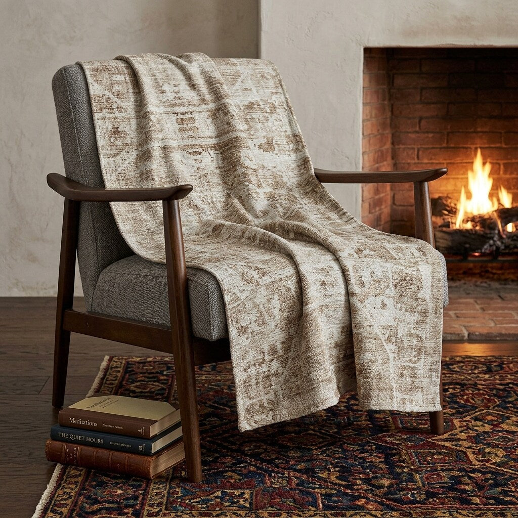 Homeroots 50 X 70 Beige And Ivory Damask Polyester Woven Plush Throw Blanket