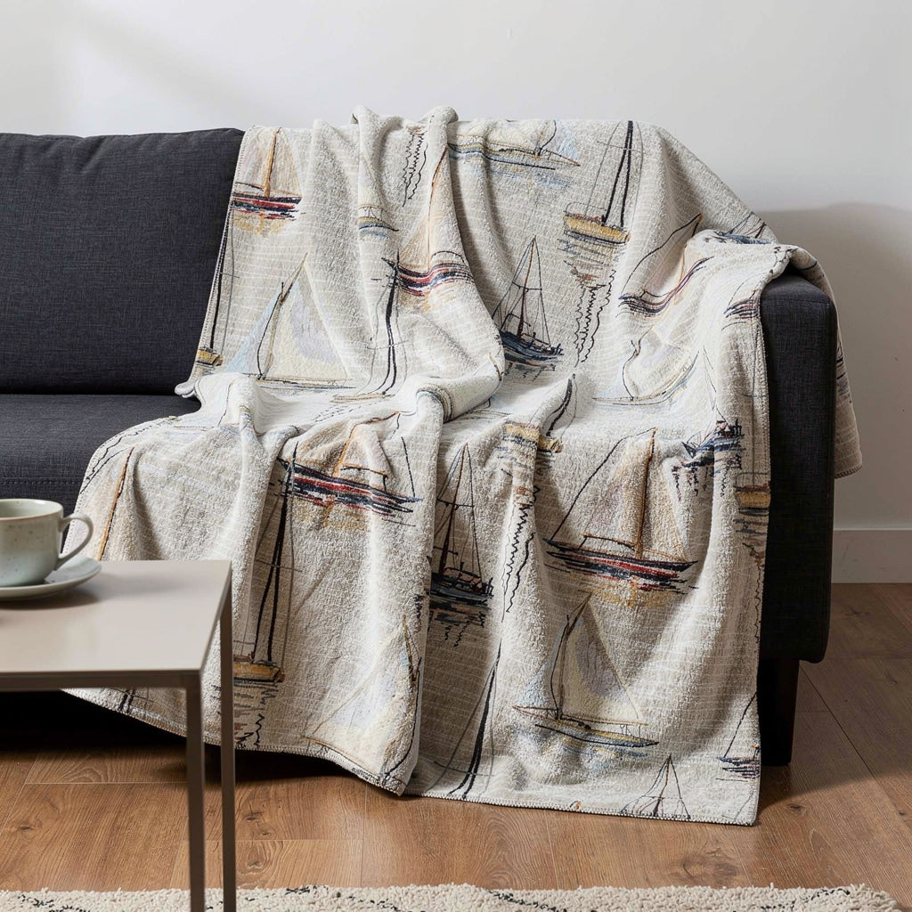 Homeroots 50 X 70 Beige Charcoal And Ivory Sailboat Microfiber Plush Throw Blanket