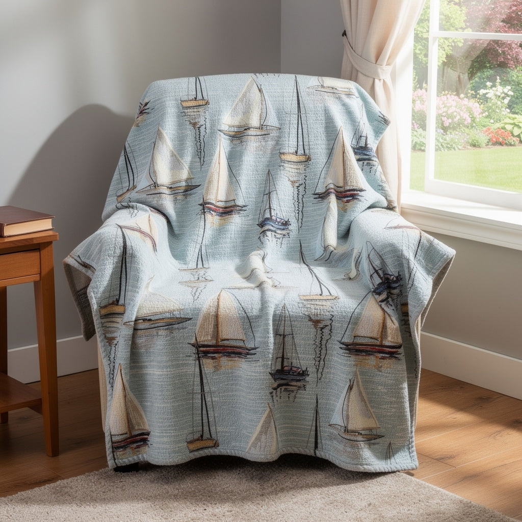Homeroots 50 X 70 Beige Ivory And Sky Blue Sailboat Microfiber Plush Throw Blanket