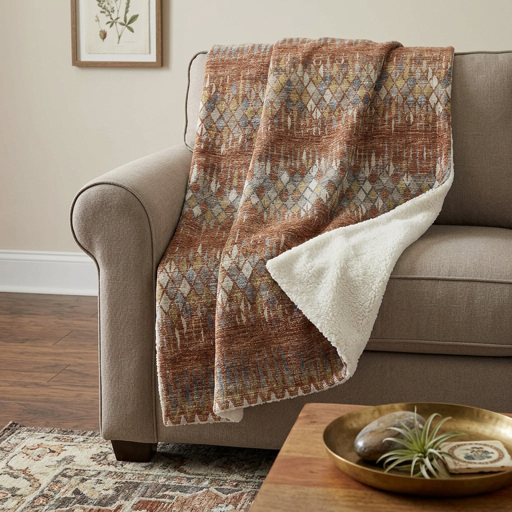 Homeroots 50 X 70 Cinnamon Gold And Blue Geometric Polyester Woven Plush Throw Blanket