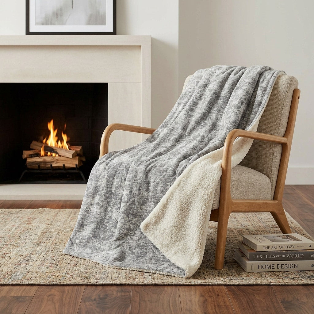 Homeroots 50 X 70 Gray And Ivory Damask Polyester Woven Plush Throw Blanket