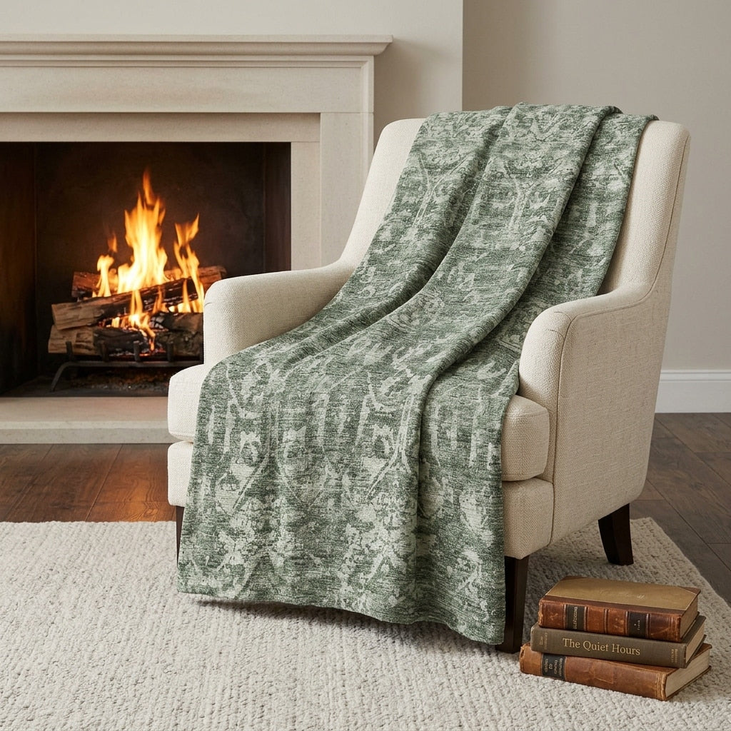Homeroots 50 X 70 Green And Gray Damask Polyester Woven Plush Throw Blanket