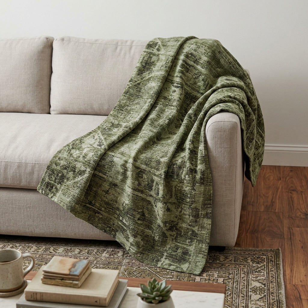 Homeroots 50 X 70 Olive Green And Beige Damask Polyester Woven Plush Throw Blanket