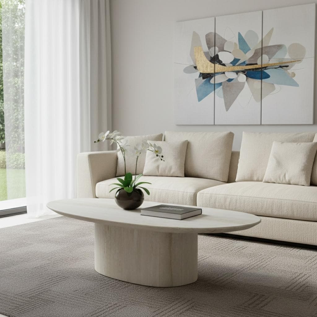 Homeroots 51 Beige Marble Oval Pedestal Coffee Table 51.00 In. X 14.00 In. X 26.00 In.