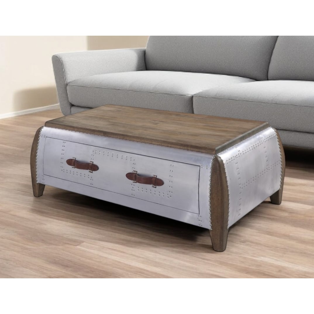 Homeroots 51 Brown And Gray Solid Wood And Aluminum Solid Coffee Table With Drawer 51.00 In. X 19.00 In. X 33.00 In.