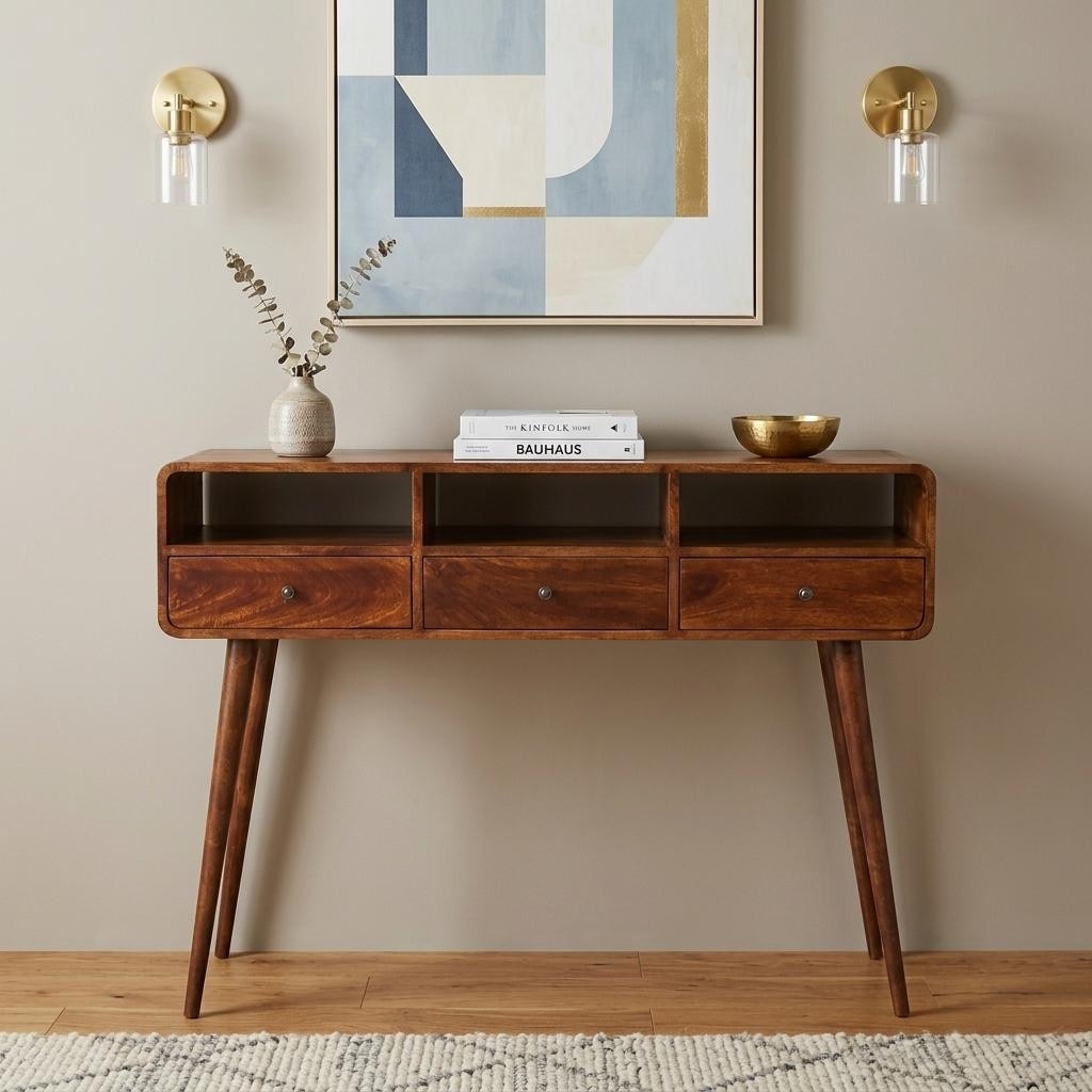 Homeroots 51 Chestnut Solid Wood Console Table With Three Shelves And Three Drawers 51.20 In. X 37.40 In. X 15.70 In.