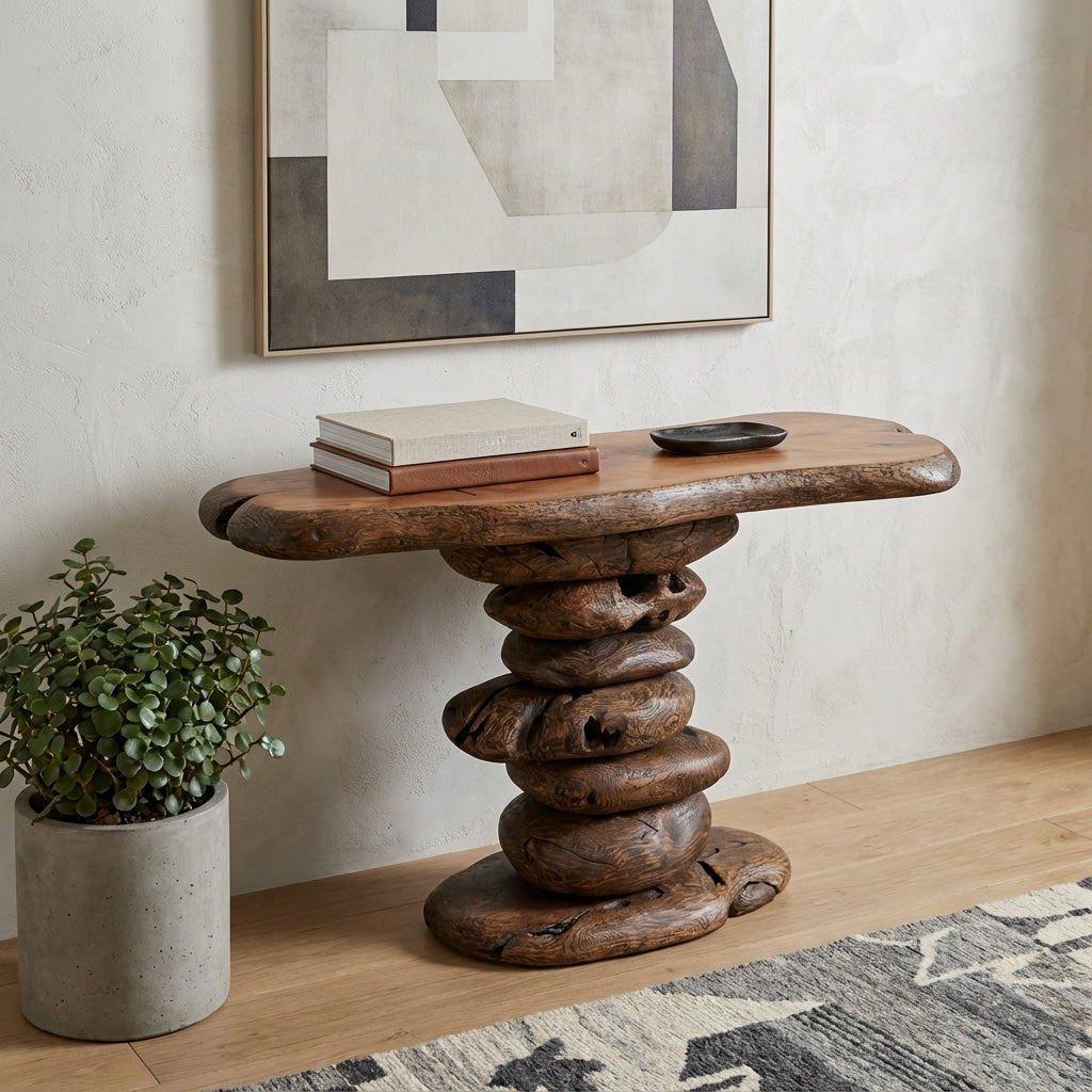 Homeroots 51 Dark Brown Reclaimed Solid Wood Free Form Pedestal Console Table 51.20 In. X 33.50 In. X 23.60 In.