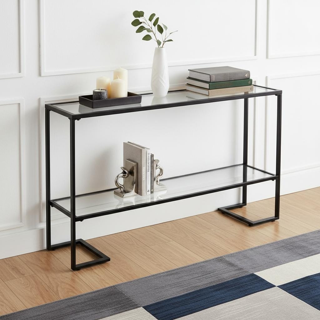 Homeroots 52 Clear And Black Glass Mirrored Sled Console Table With Shelves 52.00 In. X 29.00 In. X 12.00 In.