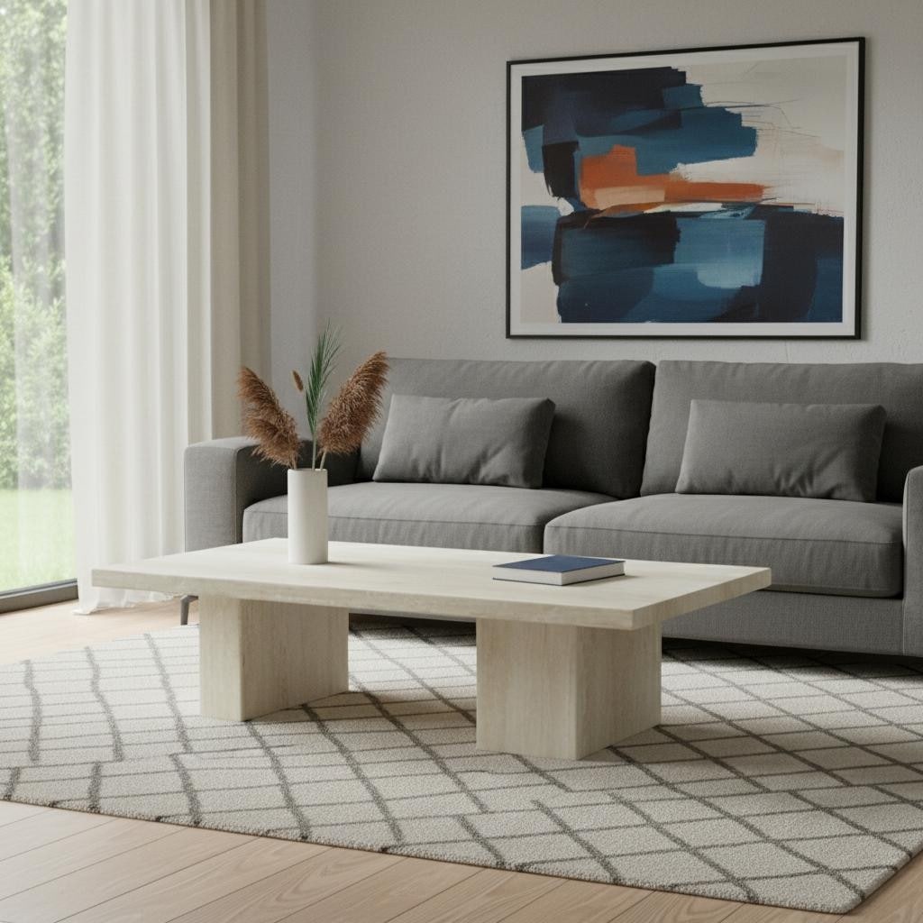 Homeroots 55 Beige Marble Double Pedestal Coffee Table 55.00 In. X 15.00 In. X 32.00 In.