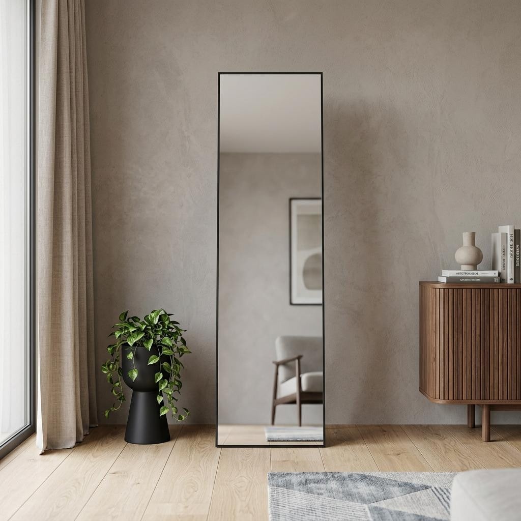 Homeroots 55 Black Aluminum Freestanding And Wall Mounted Framed Full Length Mirror 20.40 In. X 55.30 In. X 0.55 In.