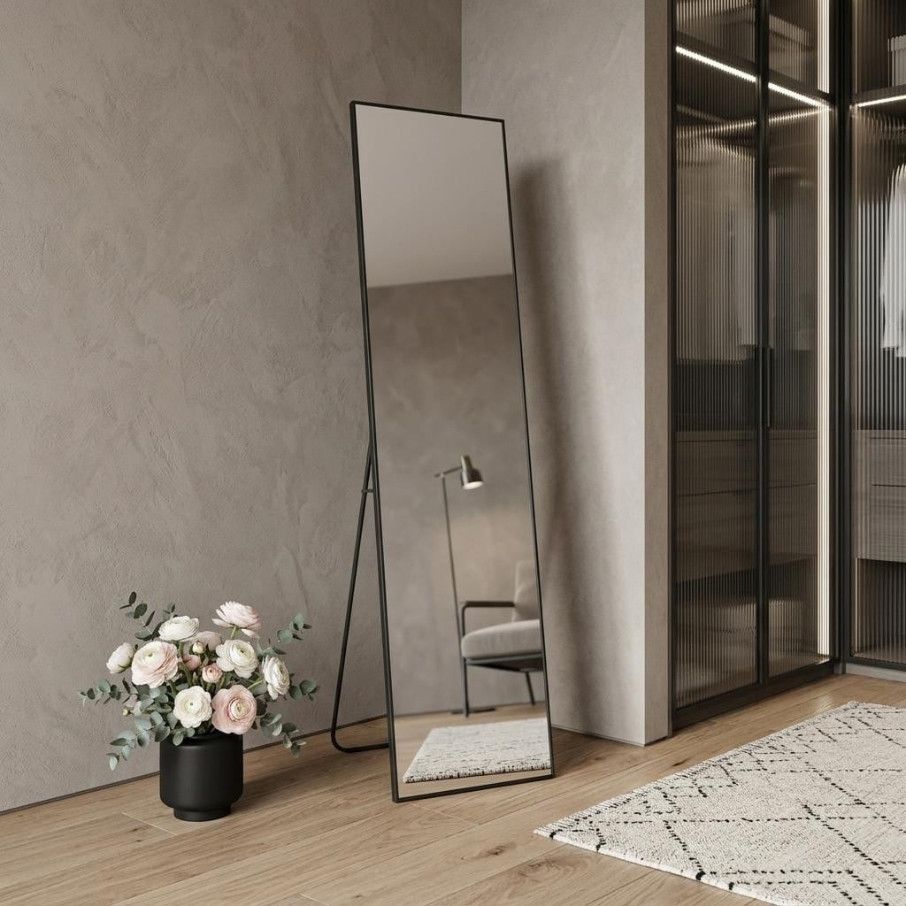 Homeroots 55 Black Aluminum Wall Mount Leaning Or Freestanding Framed Full Length Mirror 18.43 In. X 55.30 In. X 0.55 In.