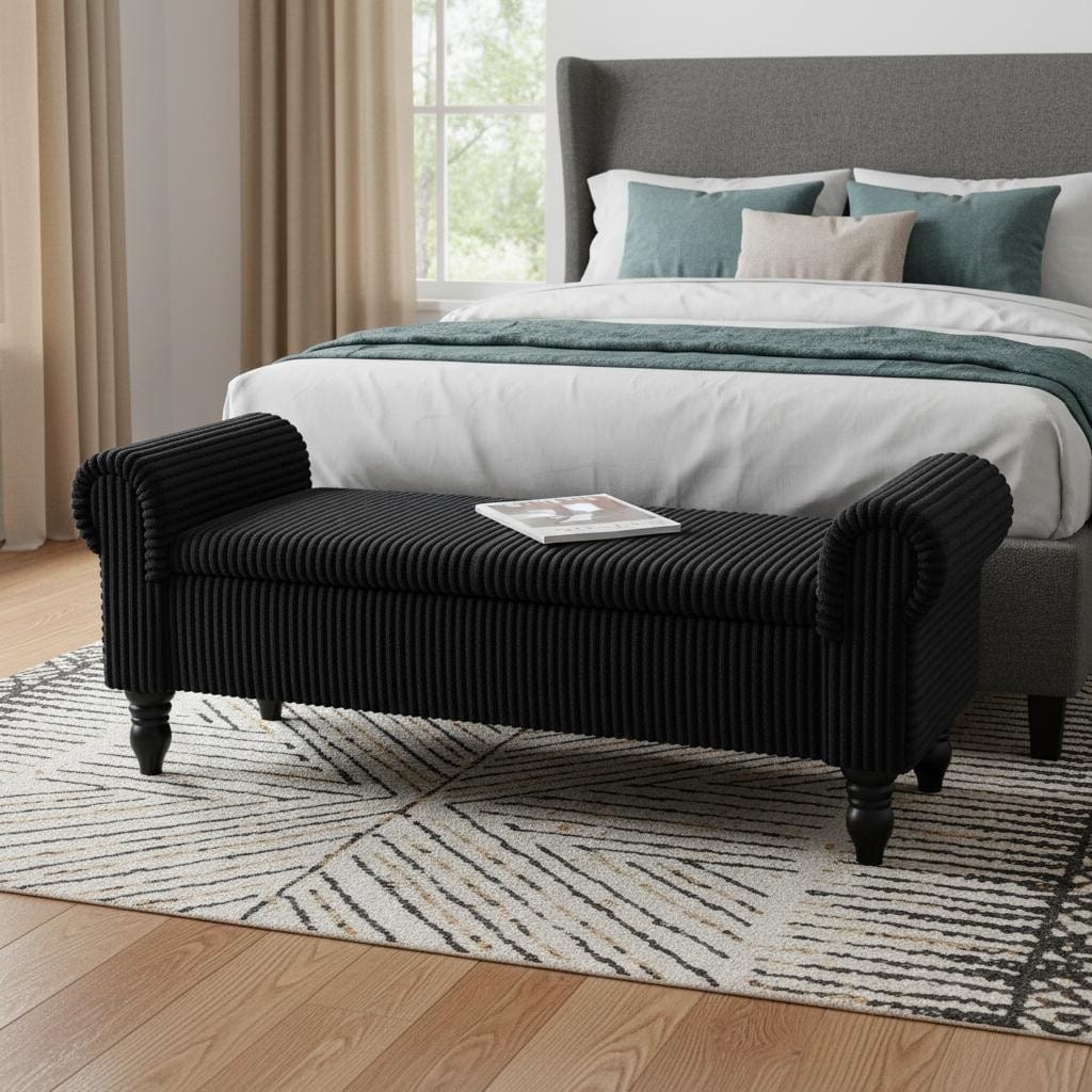 Homeroots 55 Black Corduroy And Solid Wood Upholstered Storage Bench With Flip Top 55.00 In. X 20.00 In. X 17.00 In.