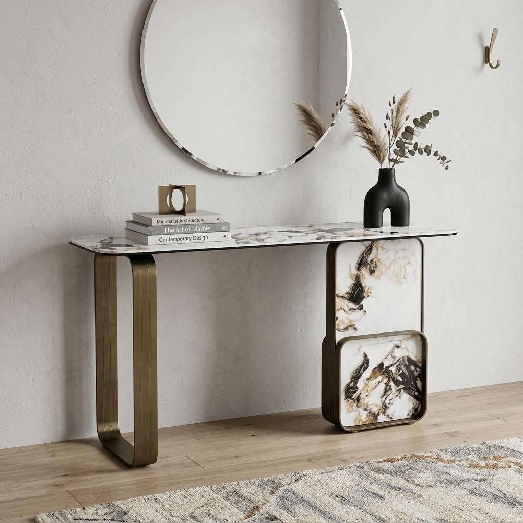 Homeroots 55 Black White And Bronze Ceramic Tile Glass And Steel Console Table 55.00 In. X 30.00 In. X 16.00 In.