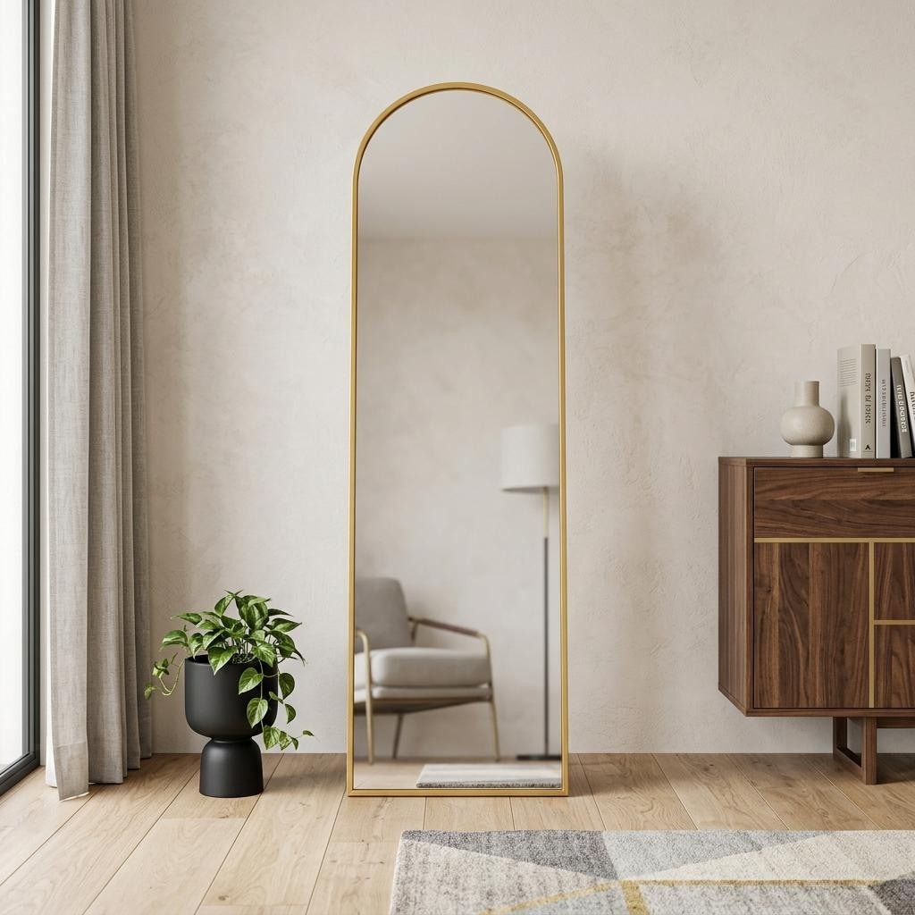 Homeroots 55 Gold Aluminum Arch Freestanding And Wall Mounted Framed Full Length Mirror 20.39 In. X 55.31 In. X 0.55 In.