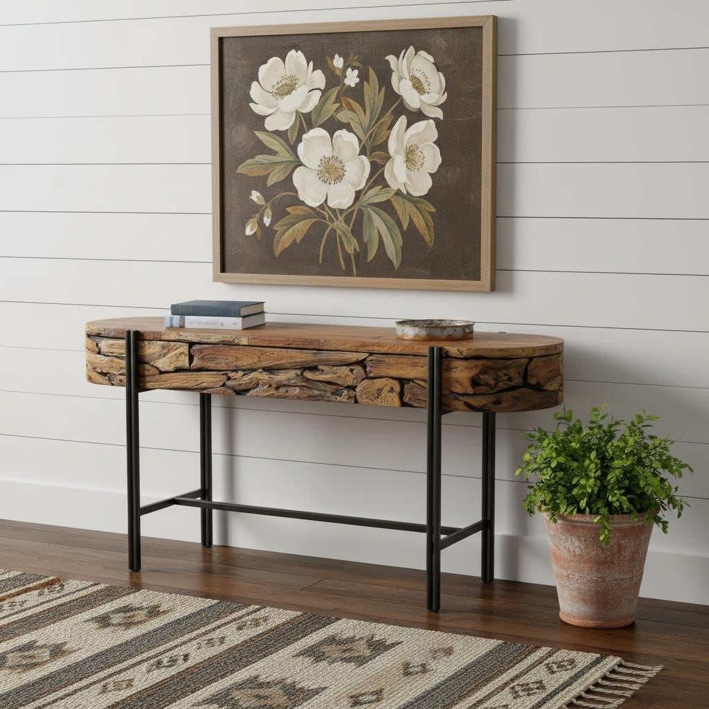Homeroots 55 Natural And Charcoal Reclaimed Wood And Metal Oval Trestle Console Table 55.10 In. X 31.50 In. X 17.70 In.