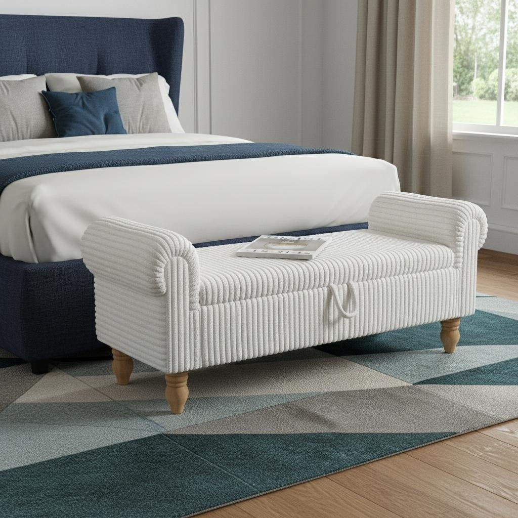 Homeroots 55 White And Brown Corduroy And Solid Wood Upholstered Storage Bench With Flip Top
