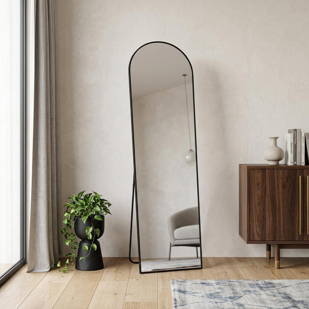 Homeroots 56 Black Aluminum Arch Freestanding And Wall Mounted Framed Full Length Mirror 14.57 In. X 55.51 In. X 0.55 In.