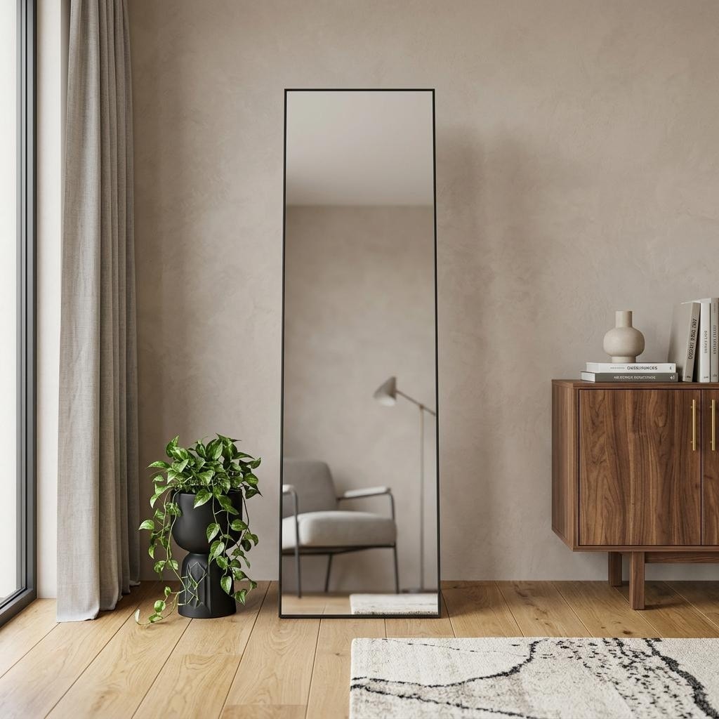 Homeroots 56 Black Aluminum Freestanding And Wall Mounted Framed Full Length Mirror 14.57 In. X 55.51 In. X 0.55 In.