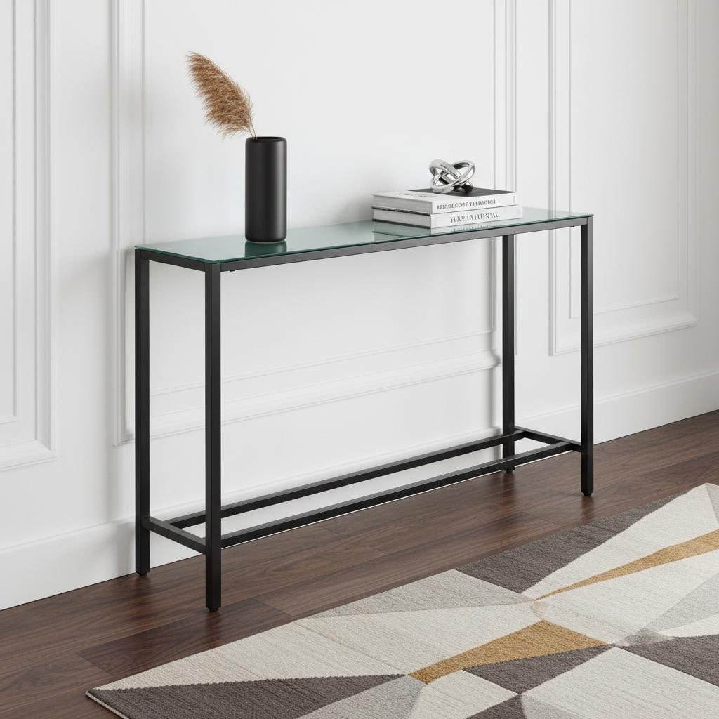 Homeroots 56 Black Mirrored Glass Console Table 56.00 In. X 30.00 In. X 8.00 In.