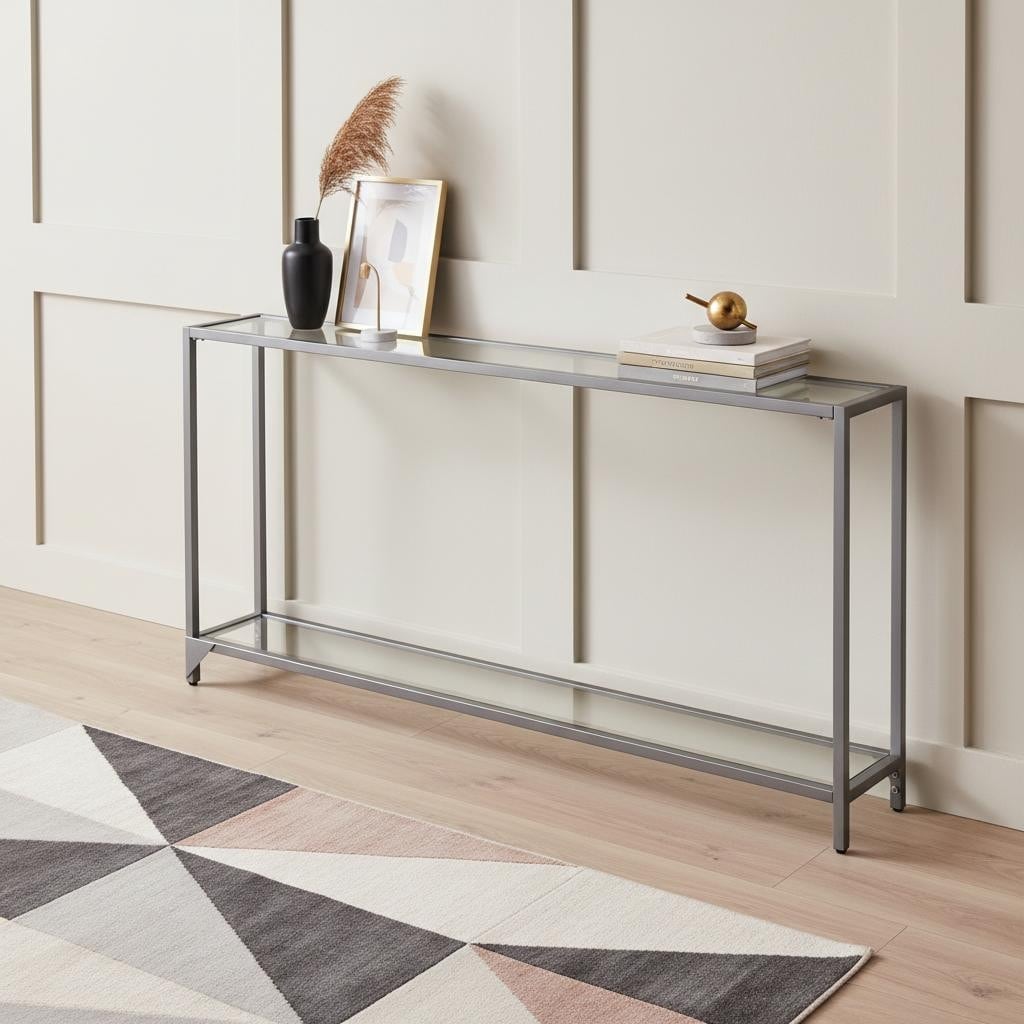 Homeroots 56 Clear And Silver Glass Mirrored Floor Shelf Console Table With Storage 56.00 In. X 29.00 In. X 8.00 In.