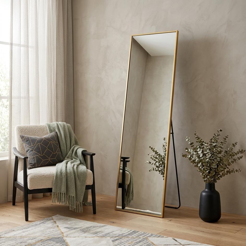 Homeroots 56 Gold Aluminum Freestanding And Wall Mounted Framed Full Length Mirror 14.57 In. X 55.51 In. X 0.55 In.