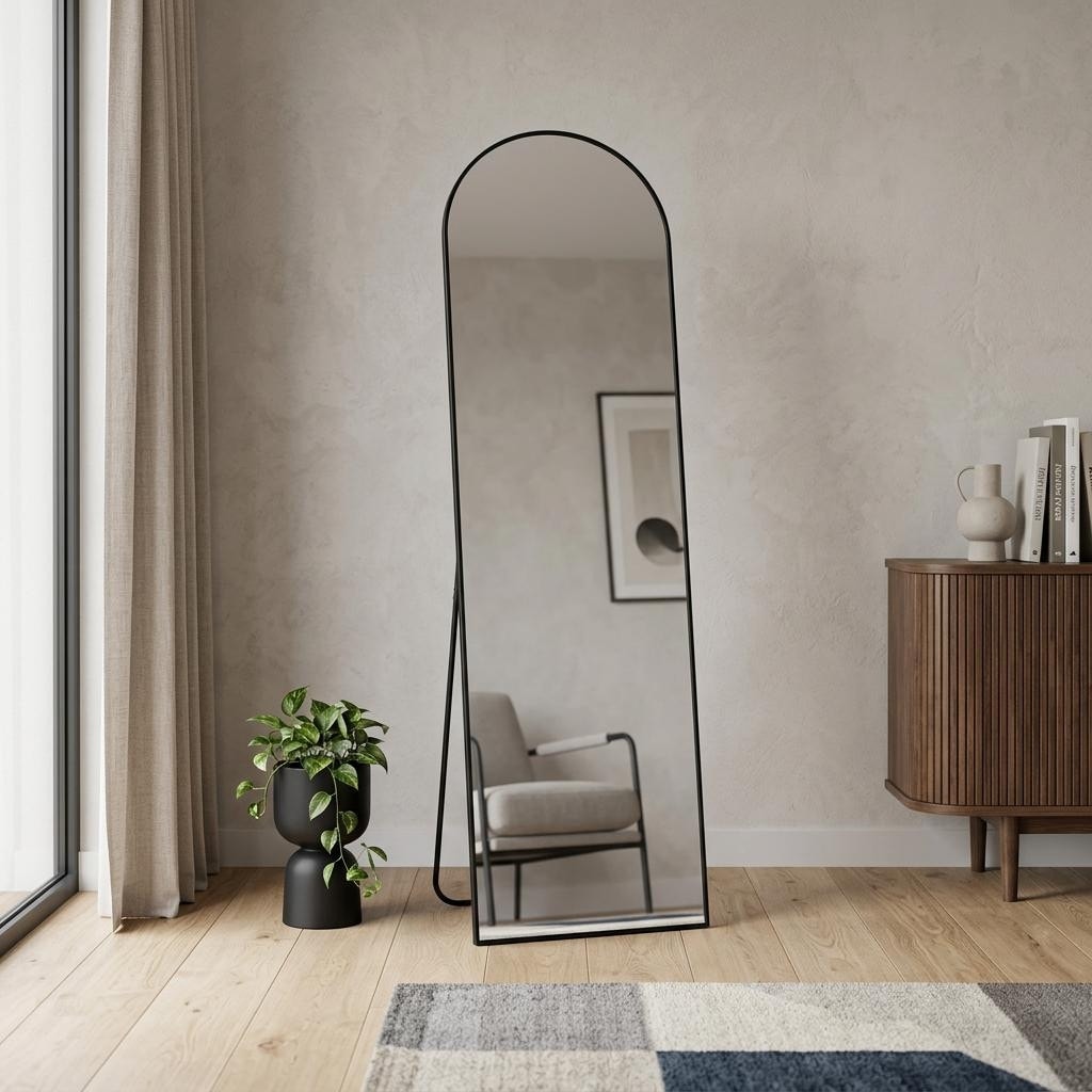 Homeroots 57 Black Aluminum Arch Freestanding And Wall Mounted Framed Full Length Mirror 18.43 In. X 57.28 In. X 0.55 In.