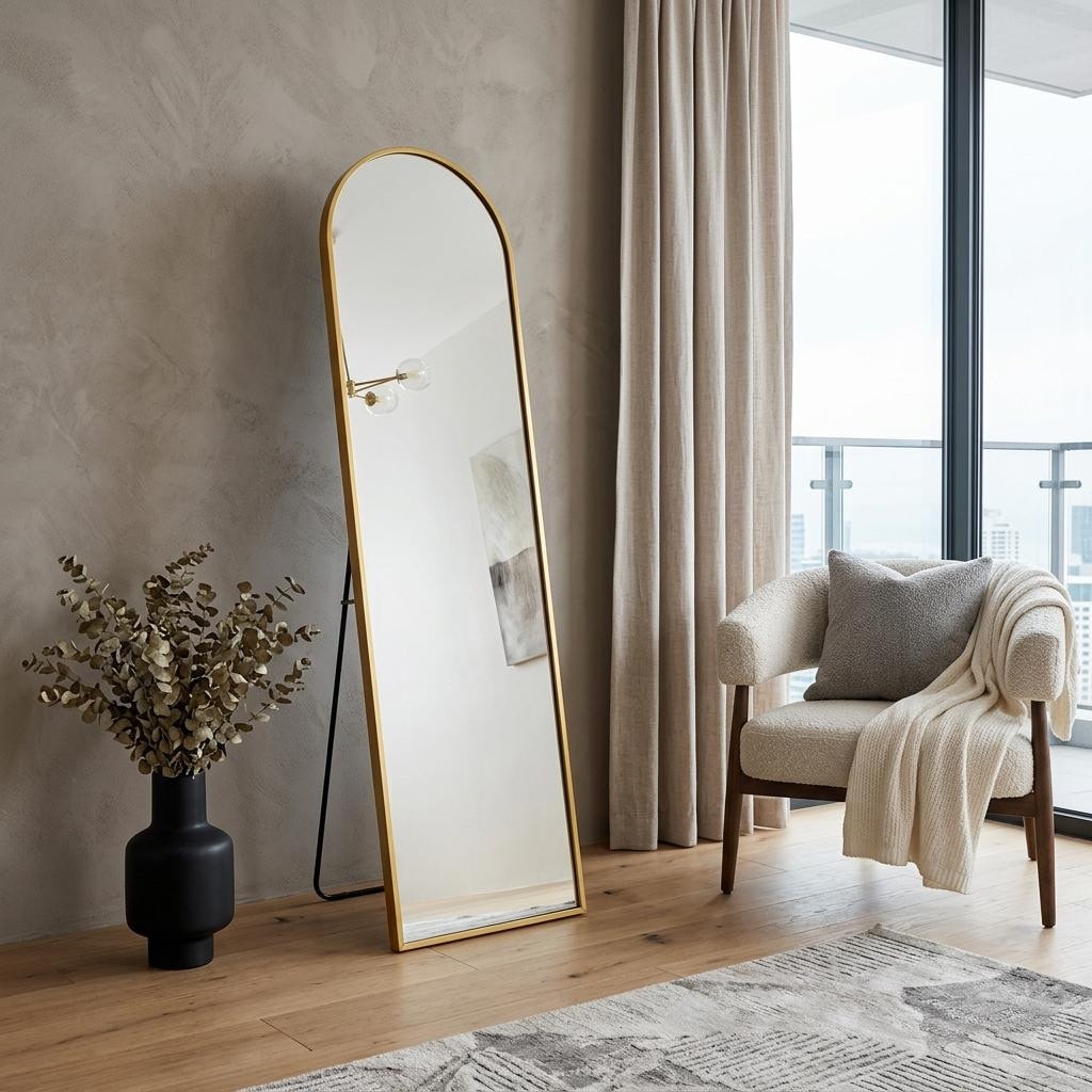 Homeroots 57 Gold Aluminum Arch Freestanding And Wall Mounted Framed Full Length Mirror 18.43 In. X 57.28 In. X 0.55 In.
