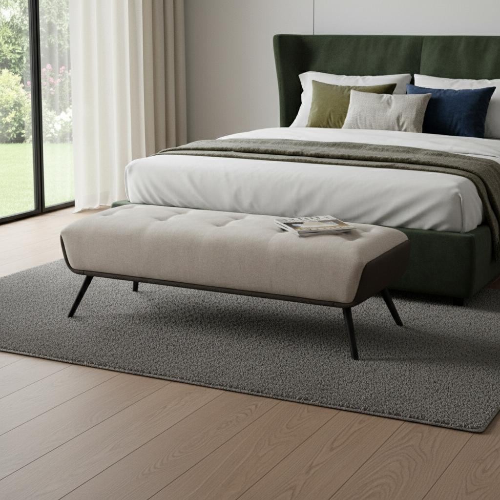 Homeroots 58 Beige Dark Gray And Black Tufted Faux Leather Fabric And Steel Upholstered Bench