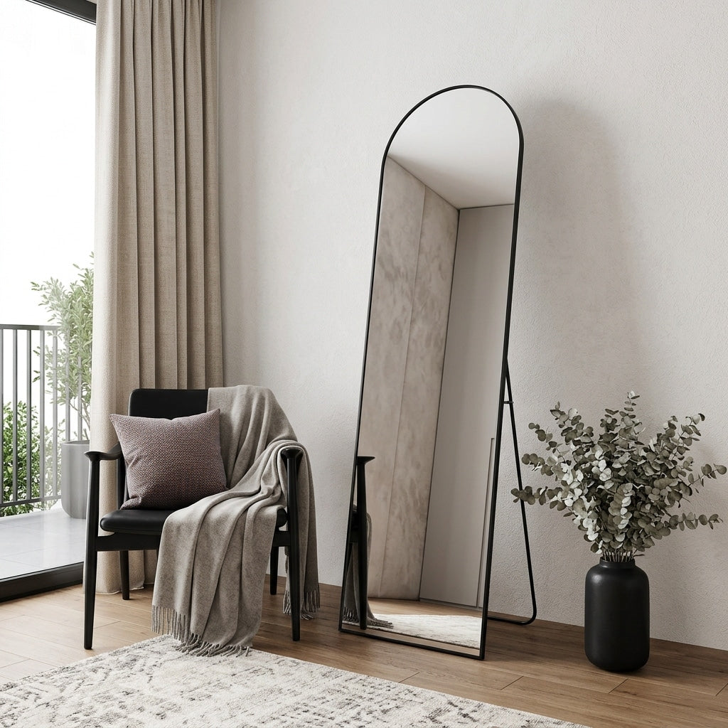 Homeroots 59 Black Aluminum Arch Freestanding And Wall Mounted Framed Full Length Mirror 16.00 In. X 59.00 In. X 0.50 In.