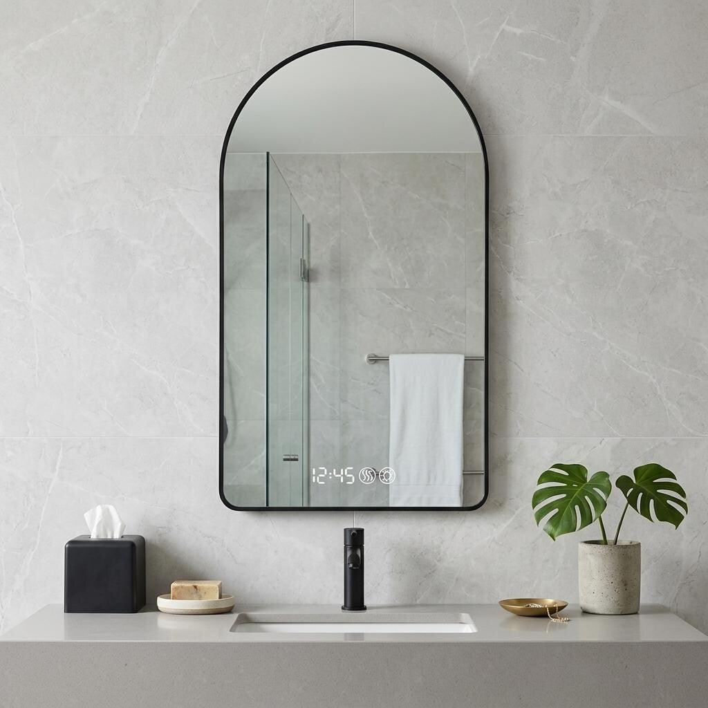 Homeroots 59 Black Aluminum Arch Lighted Framed Anti Fog Bathroom Vanity Mirror 31.50 In. X 59.06 In. X 1.18 In.