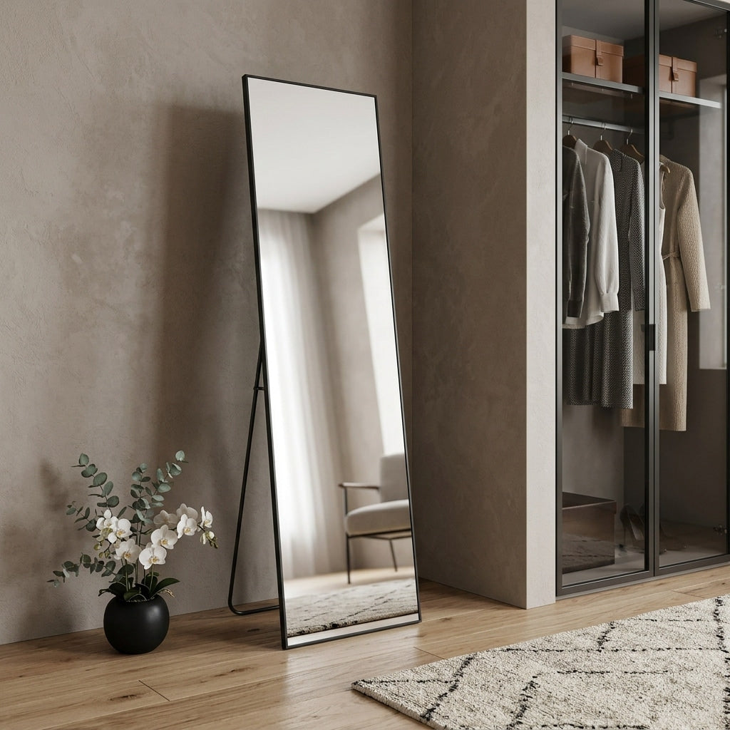 Homeroots 59 Black Aluminum Freestanding And Wall Mounted Framed Full Length Mirror 16.00 In. X 59.00 In. X 0.50 In.