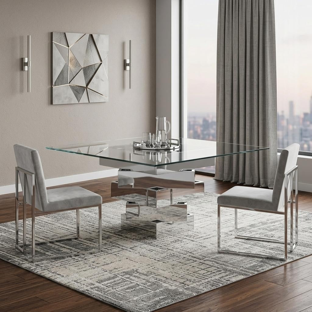 Homeroots 59 Clear And Gray Square Glass And Solid Wood Pedestal Base Dining Table 59.00 In. X 30.00 In. X 59.00 In.