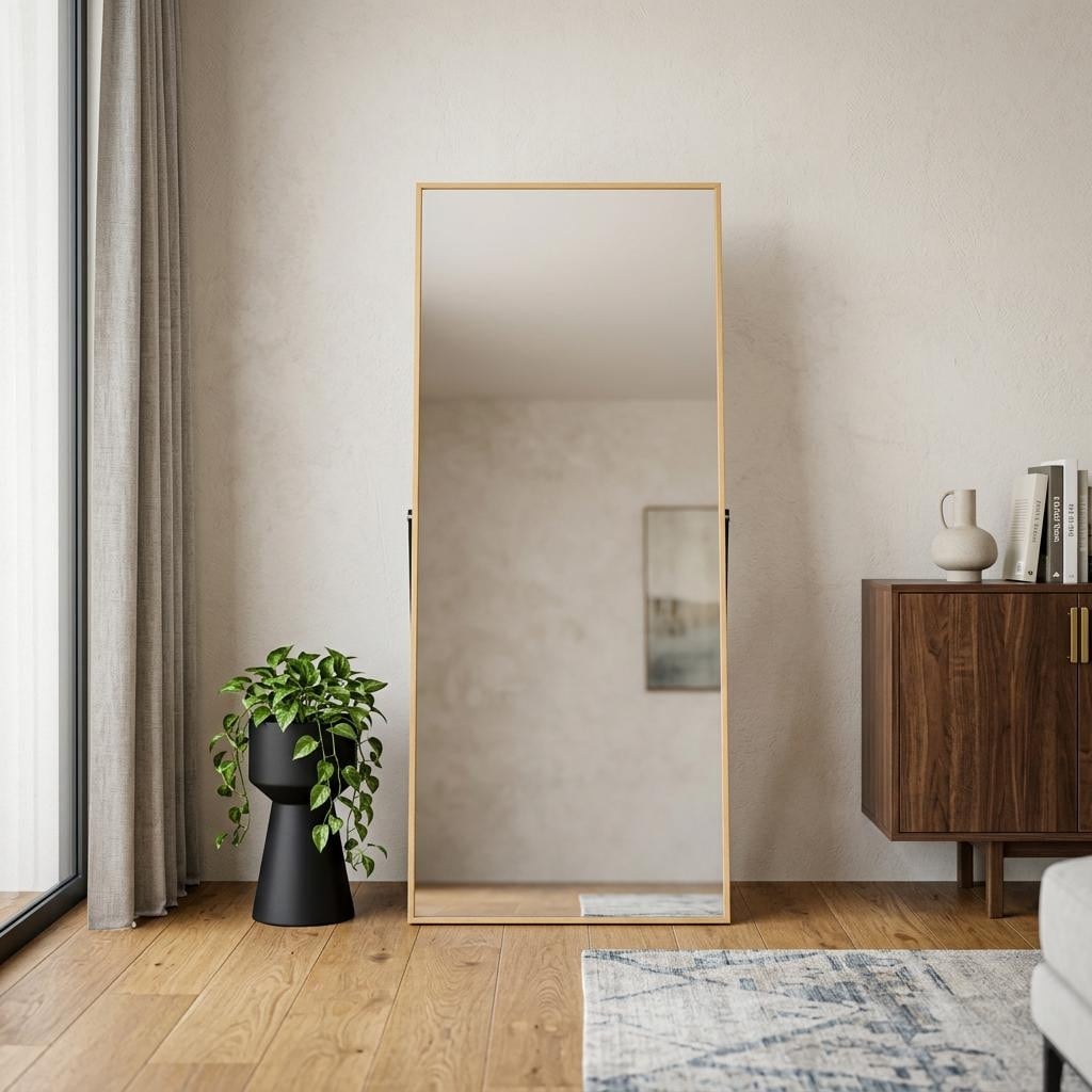 Homeroots 59 Gold Aluminum Freestanding And Wall Mounted Framed Full Length Mirror 16.00 In. X 59.00 In. X 0.50 In.