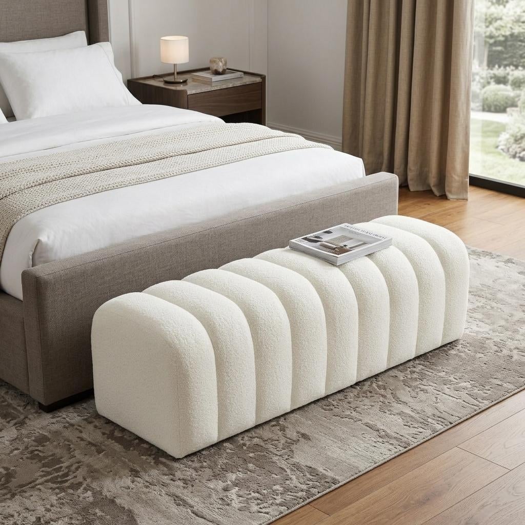 Homeroots 59 White Tufted Boucle Upholstered Bench 59.00 In. X 18.00 In. X 20.00 In.