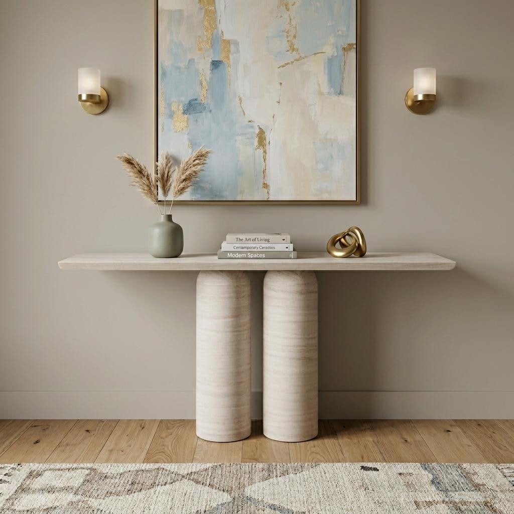 Homeroots 60 Beige Genuine Marble Pedestal Console Table 60.00 In. X 29.00 In. X 18.00 In.