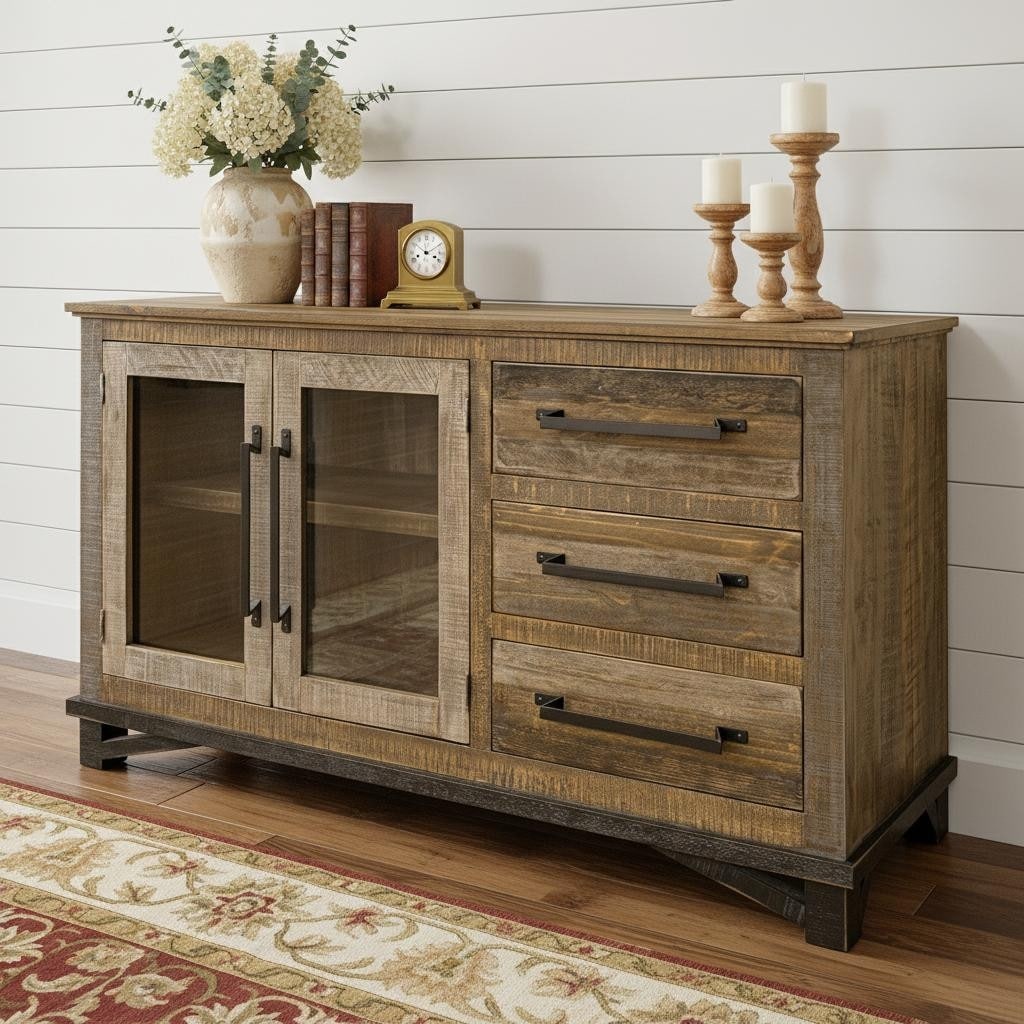 Homeroots 60 Brown Solid And Manufactured Wood Distressed Buffet Table 59.75 In. X 34.25 In. X 19.75 In.