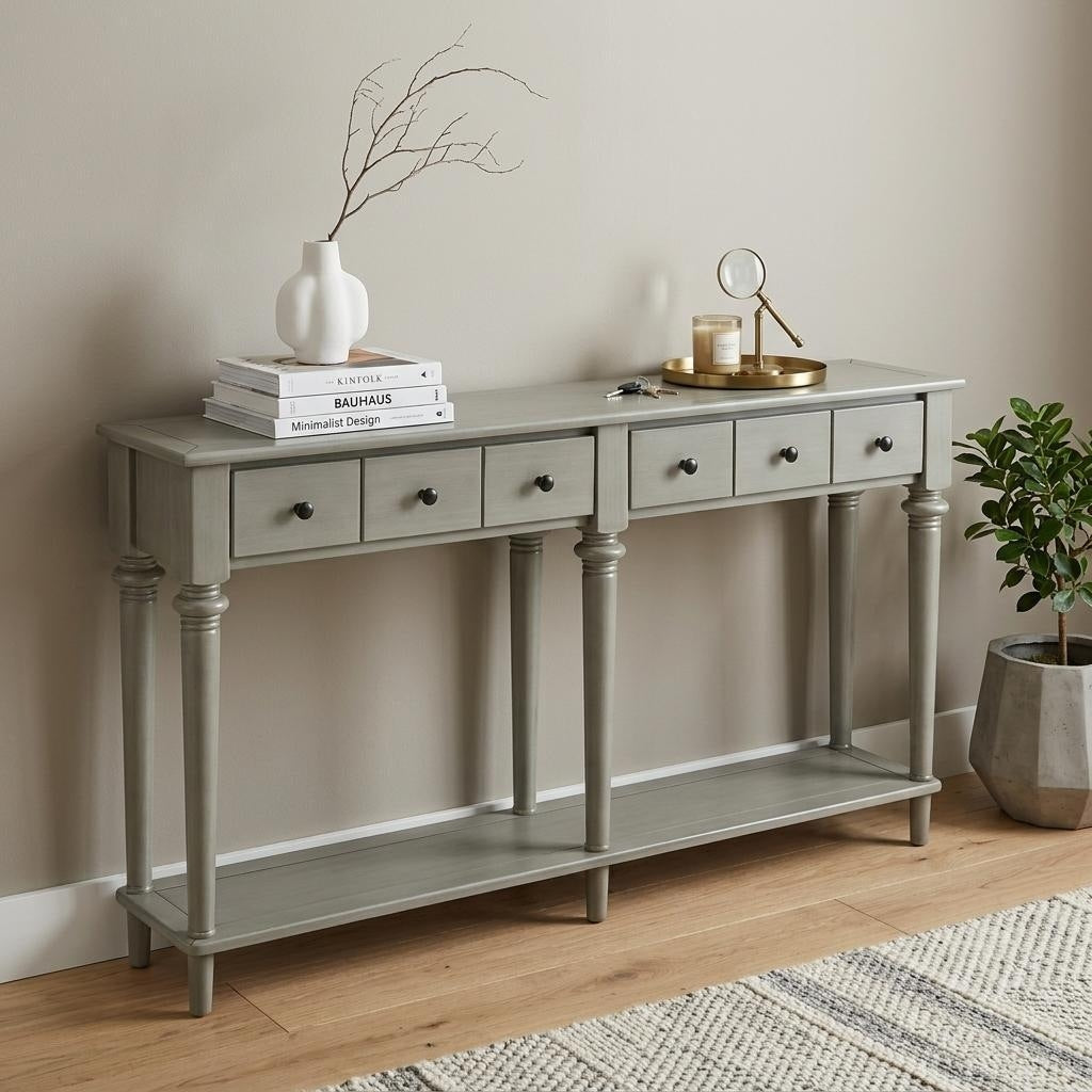 Homeroots 60 Gray Wood Six Leg Console Table With Shelf And Four Drawers 59.80 In. X 34.00 In. X 11.00 In.