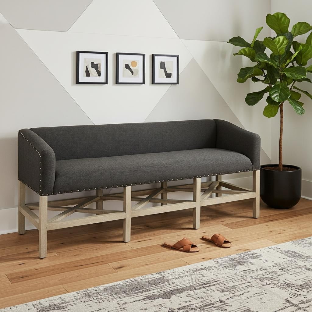 Homeroots 60 Gray And Brown 100 Polyester And Solid Wood Upholstered Bench 60.00 In. X 25.50 In. X 19.00 In.