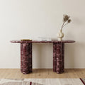 Homeroots 60 Red Genuine Marble Oval Double Pedestal Console Table 60.00 In. X 30.00 In. X 15.00 In.