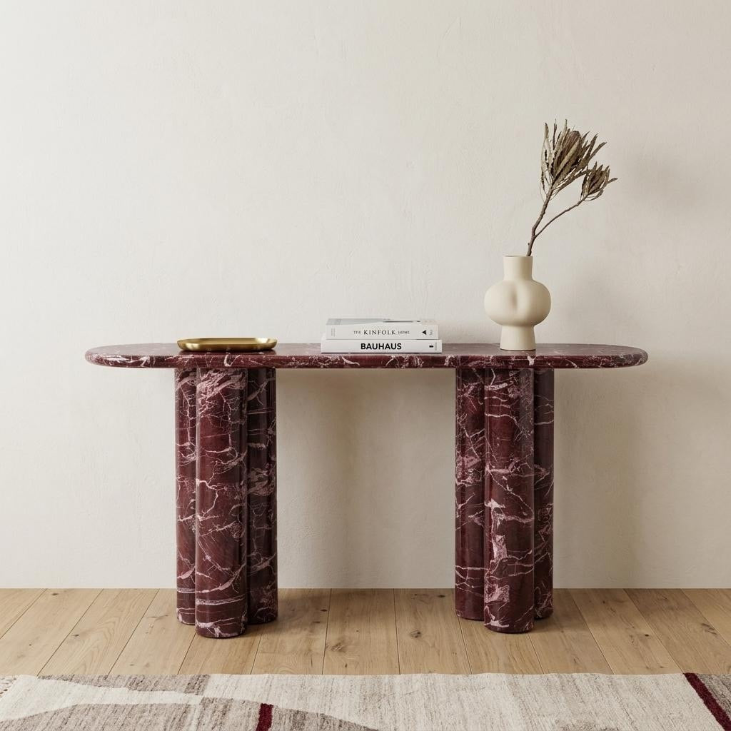 Homeroots 60 Red Genuine Marble Oval Double Pedestal Console Table 60.00 In. X 30.00 In. X 15.00 In.